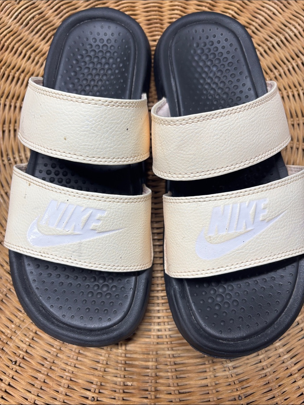 Nike women’s Cream Double-Strap Slide Sandals with Black Footbed